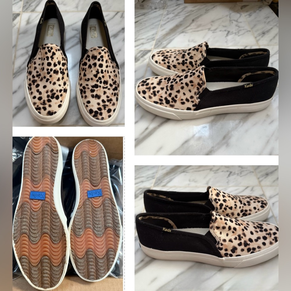 KEDS CANVAS LEOPARD/ BLACK SLIP ON SNEAKERS. THE FOOTBEDS ARE MADE FOR COMFORT